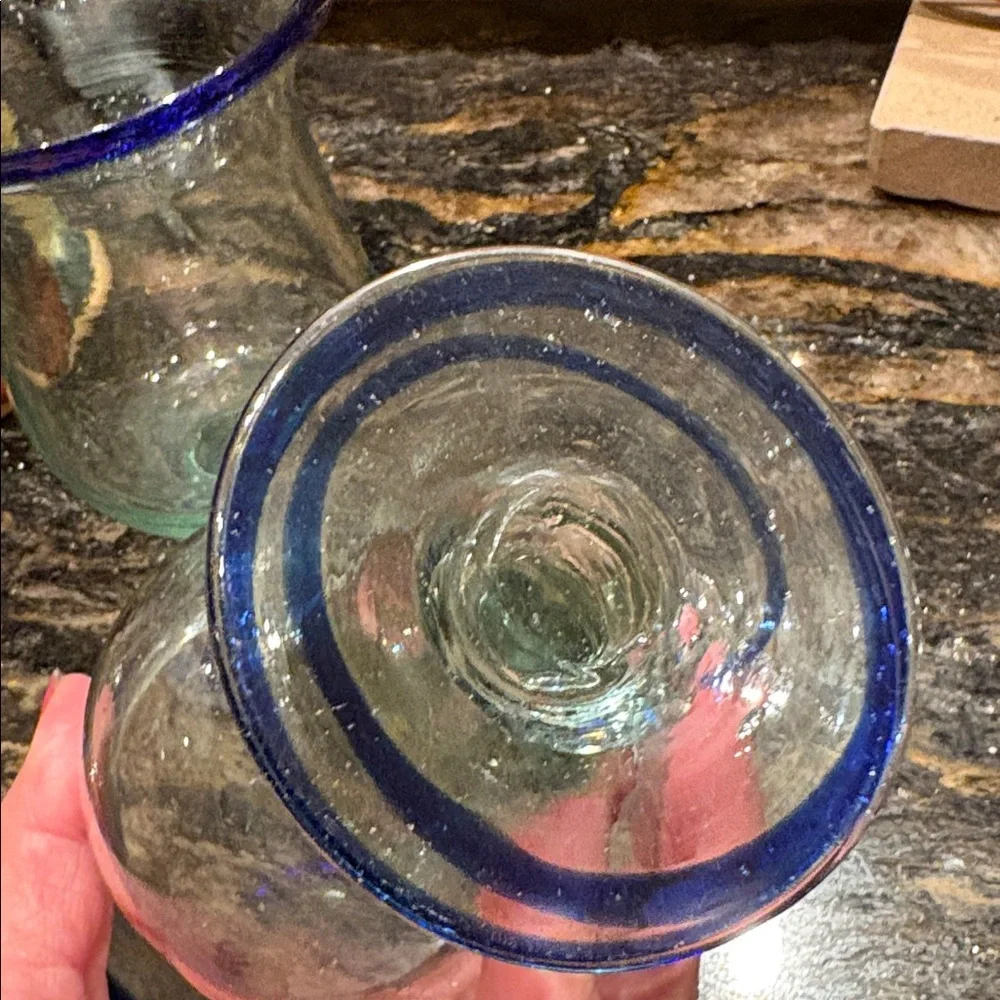 Mexican Hand Blown Cobalt Blue Thick Glass Cocktail Goblets Drink Margarita Set